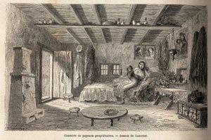 Dom właścicieli chłopów w okolicach Orezu (Wołoszczyzna, Rumunia). Rycina ilustrująca podróż z Paryża do Bukaresztu autorstwa Lancelota, rysownika, w 1860 r., opublikowana w „Le tour du monde, nouveau journal des voyages”, pod kierunkiem autorstwa Dieudonne Auguste Lancelot