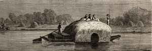 Koszenie, zbiór i transport paszy na brzegach Dunaju. Rysunek Lancelota, ilustrujący jego podróż z Paryża do Bukaresztu w 1860 r. Grawer w „”Le tour du monde””, pod redakcją Edouarda Chartona autorstwa Dieudonne Auguste Lancelot