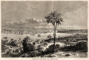 Widok ogólny Hawany, stolicy Kuby, rysunek Lancelota ilustrujący wyprawę na wyspę Kubę w 1859 r. autorstwa Richarda Dany (1815-1882). Grawerowanie w „”Le tour du monde, nouveau journal des voyages””Paryż autorstwa Dieudonne Auguste Lancelot
