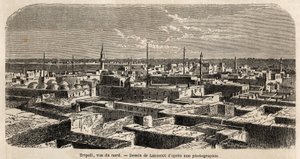 Ogólny widok Trypolisu, rysunek Lancelota, ilustrujący spacery trypolitańskie barona de Kraffta w 1860 roku. Grawer w „Le tour du monde” 1861. Kolekcja Selvy. autorstwa Dieudonne Auguste Lancelot