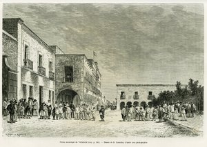 Miejski Pałac Valladolid. Grawerowanie Lancelota ilustrujące historię Ma last ekspedycja na Jukatan, autorstwa Desire Charnay, in le tour du monde 1887, reżyseria Edouard Charton (1807-1890), Hachette, Paryż.