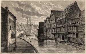 Stare garbarnie w Ulm, rysunek Lancelota, ilustrujący podróż Victora Duruya z Paryża do Bukaresztu w 1860 r. Grawer w „”Le tour du monde””, pod redakcją Edouarda Chartona autorstwa Dieudonne Auguste Lancelot