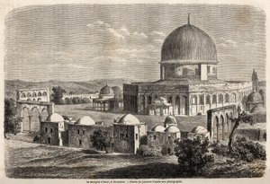 Meczet Omara, zbudowany w 691 r. w Jerozolimie, rysunek Lancelota, ilustrujący podróż Bidy do Palestyny w 1856 r. Rycina w „”Le tour du monde, nouveau journal des voyages””Paryż