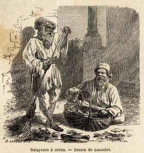 Zamiatacze w Orezu (Rumunia). Rycina ilustrująca podróż z Paryża do Bukaresztu autorstwa Lancelota, rysownika, w 1860 r., opublikowana w „Le tour du monde, nouveau journal des voyages”, pod kierunkiem Edouarda Chartona autorstwa Dieudonne Auguste Lancelot