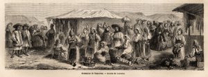Chodząca populacja Tesmevaru (lub Timisoary) w Rumunii. Rycina ilustrująca podróż z Paryża do Bukaresztu autorstwa Lancelota, rysownika, w 1860 r., opublikowana w „Le tour du monde, nouveau journal des voyages”, pod kierunkiem Edouarda Chartona