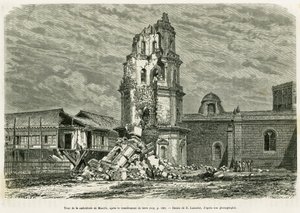 Wieża katedry w Manili, po trzęsieniu ziemi 18 lipca 1880 r. Grawerowanie wykonane przez Lancelota ilustrujące historię Lucon i Palaouan, sześć lat na Filipinach, autorstwa Alfreda Marche