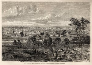 Widok Melbourne (Australia), rysunek Lancelota, ilustrujący wspomnienia francuskiego skłotera w Australii w latach 1854-1859, autorstwa M. de Castella. Grawer w „Le tour du monde” 1861. Kolekcja Selvy. autorstwa Dieudonne Auguste Lancelot