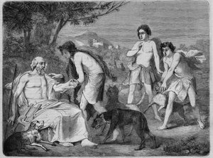 Homere na wyspie Syros. Rycina z 1864 r. wg obrazu Maillarda.