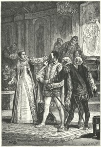 Hrabia Essex grozi, że wyciągnie miecz po tym, jak królowa Elżbieta I zakuła go w ucho za jego bezczelność, 1598
