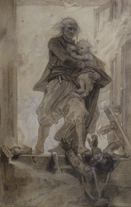 Markiz Lantenac ratujący dziecko, ilustracja z Quatre-vingt-treize autorstwa Victora Hugo (1802-1885) (ołówek, kredka i gwasz na papierze)