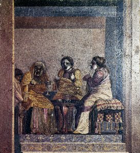 Mozaika rzymska przedstawiająca Scena z zabawy z zamaskowanymi aktorami, Willa Cycerona, Pompeje, II w. p.n.e autorstwa Dioscurides of Samos