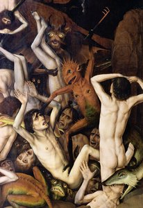 Do diabła, szczegół demona uderzającego w przeklętych, ok.1450