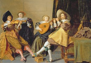 Eleganckie towarzystwo grające muzykę we wnętrzu autorstwa Dirck Hals