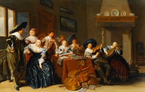Eleganckie postacie z instrumentami siedzącymi przy stole i młoda dama śpiewająca we wnętrzu, 1637