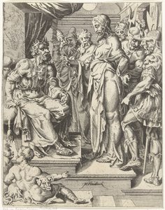 Chrystus przed Herodem Upadek i odkupienie ludzkości przez życie i mękę Chrystusa (tytuł serii) autorstwa Dirck Volckertsz. Coornhert (attributed to)