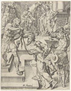 Chrystus przed Kajfaszem Upadek i odkupienie ludzkości przez życie i mękę Chrystusa (tytuł serii) autorstwa Dirck Volckertsz. Coornhert (attributed to)