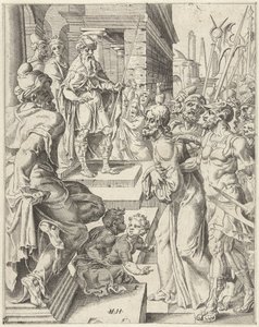Chrystus przed Piłatem Upadek i odkupienie ludzkości przez życie i mękę Chrystusa (tytuł serii) autorstwa Dirck Volckertsz. Coornhert (attributed to)