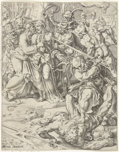 Pocałunek Judasza i aresztowanie Chrystusa Upadek i odkupienie ludzkości przez życie i mękę Chrystusa (tytuł serii) autorstwa Dirck Volckertsz. Coornhert (attributed to)