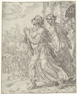 Judyta i jej sługa opuszczają Betulię Judit i Holofernes (tytuł serii) autorstwa Dirck Volckertsz. Coornhert (attributed to)