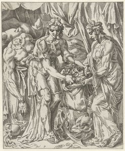Judit wkłada głowę Holofernesa do worka Judit i Holofernes (tytuł serii) autorstwa Dirck Volckertsz. Coornhert (attributed to)