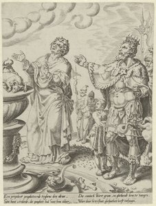 Król Jeroboam i mąż Boży przed ołtarzem Historia nieposłusznego człowieka Bożego (tytuł serii) autorstwa Dirck Volckertsz. Coornhert (attributed to)