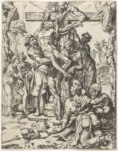 Zejście z krzyża Upadek i odkupienie ludzkości przez życie i mękę Chrystusa (tytuł serii) autorstwa Dirck Volckertsz. Coornhert (attributed to)
