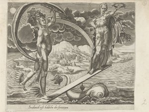 Niespójność fortuny; Łatwo jest tańczyć, gdy fortuna gra dla Ciebie Tak więc szczęście jest niestabilne Soodanich pierwszy wstrząs fortuny (tytuł na obiekcie) Przysłowia o Fortunie (tytuł serii) autorstwa Dirck Volckertsz. Coornhert (attributed to)