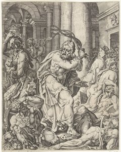 Wyrzucenie kantorów ze świątyni Upadek i odkupienie ludzkości przez życie i mękę Chrystusa (tytuł serii) autorstwa Dirck Volckertsz. Coornhert (attributed to)