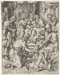 mycie stóp Upadek i odkupienie ludzkości przez życie i mękę Chrystusa (tytuł serii) autorstwa Dirck Volckertsz. Coornhert (attributed to)