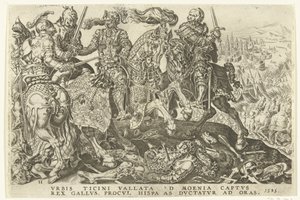 Zdobycie Franciszka I w bitwie pod Pawią, 1525 Zwycięstwa Karola V (tytuł serii) Divi Caroli. v. imp. optować. max victoriae, ex multis praecipuae (tytuł serii) autorstwa Dirck Volckertsz. Coornhert (possibly)