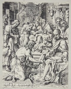 Chrystus umywa nogi uczniom autorstwa Dirck Volckertsz. Coornhert