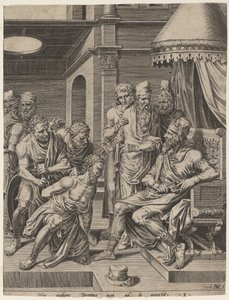 Niemiłosierny sługa przyprowadzony przed króla autorstwa Dirck Volckertz Coornhert, after Maerten van Heemskerck
