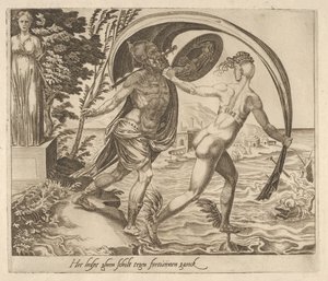 Tarcza na nic się nie przyda, gdy Fortuna odwraca się od Sześciu Przysłów o Fortunie, ca. 1560. autorstwa Dirck Volkertsen Coornhert