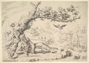 Eliasz karmiony przez kruki, 1549. autorstwa Dirck Volkertsen Coornhert