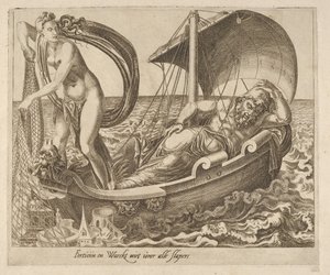 Fortuna nie czuwa nad wszystkimi śpiącymi z Sześciu powiedzeń o fortunie, ca. 1560. autorstwa Dirck Volkertsen Coornhert