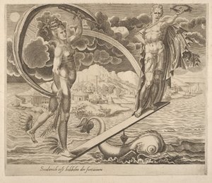 Fortuna wykorzystująca człowieka jako zabawkę z Sześciu przysłów o fortunie, ok. godz. 1560. autorstwa Dirck Volkertsen Coornhert