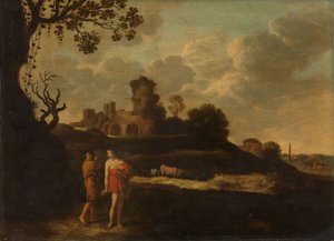 Arkadyjski krajobraz z pasterzami i bydłem autorstwa Dirck the Elder Dalens