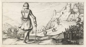 Mężczyzna w przeszywanicy w górskim krajobrazie Stroje holenderskie damskie i męskie, 1622 (tytuł serii) autorstwa Dirk Eversen Lons