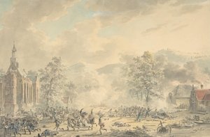 Scena bitwy z kościołem po lewej, ca. 1790-1800.