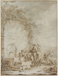 Frontyspis do albumu rysunków: Chłopi przy fontannie (recto) autorstwa Dirk Langendijk