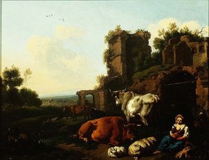 Pejzaż z pasterzem, ok. 1670 (olej na desce) autorstwa Dirk van Berghen