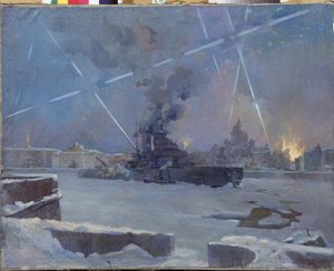 Ciężka artyleria nad Newą w Leningradzie (Sankt Petersburg, Rosja) w 1942 r. (kirys na zamarzniętej rzece broni płonącego miasta przed atakami powietrznymi podczas oblężenia Leningradu). Epizod II wojny światowej (1939-1945). Malarz autorstwa Dmitri Nikiforovich Martynov