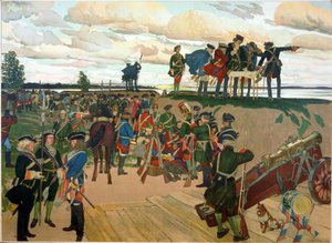 Założenie petersburskiej twierdzy przez Piotra I Wielkiego (1672-1725) w XVIII wieku. (Założenie twierdzy Sankt Petersburg). Praca Dymitra Nikołajewicza Kardowskiego (Kardowskiego) (1866-1943), litografia