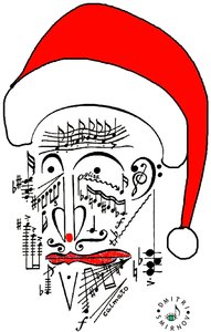 Musical Santa - głowa Świętego Mikołaja - Ojciec Święty narysowany przy użyciu zapisu muzycznego i noszący czerwoną czapkę