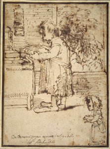 Karykatura teologa Aldobrandini, z karzełką trzymającą psa (pióro i atrament na papierze) autorstwa Domenichino