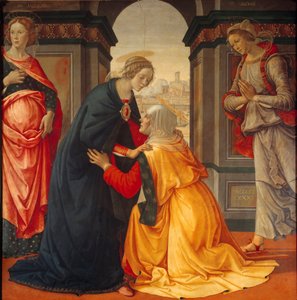 Nawiedzenie: Maryja nawiedza Elżbietę, między Marie Jacobie i Marie Salome, świadkami Ukrzyżowania i Zmartwychwstania, obraz Domenico Ghirlandaio (1449-1494) 1491 autorstwa Domenico Ghirlandaio
