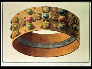 Żelazna korona Lombardii, która koronowała Karola Wielkiego w 777 r. i Napoleona w 1805 r. w katedrze w Mediolanie, rytowana przez D. Landiniego (akwatinta) autorstwa Domenico (after) Landini