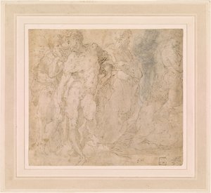 Beccafumi - Stojący akt męski wśród grupy postaci, jedna z nich w pozycji leżącej, ok. 1530-1540 autorstwa Domenico Beccafumi