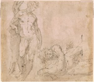 Beccafumi - Verso Akt męski oparty o pień drzewa i leżący Akt męski z głową odrzuconą do tyłu, ok. 1530-1540 autorstwa Domenico Beccafumi