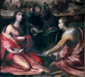 Chrystus koronujący Matkę Boską i Czterech Świętych, detal: Św. Maria Magdalena, Św. Antoni Padewski (san antonio di padova), Papież Św. Grzegorz I lub Wielka i Św. Katarzyna Aleksandryjska. Obraz Domenico Beccafumi (1486-1551) autorstwa Domenico Beccafumi